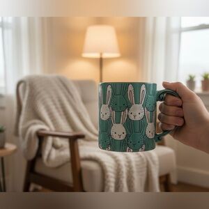 Large 20oz Teal Bunny Coffee Mug – Cute Rabbit Pattern Ceramic Cup